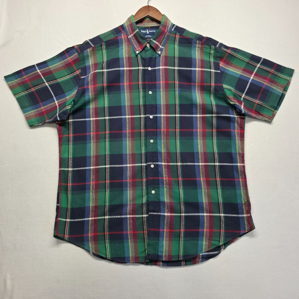 Ralph Lauren Blake XL Plaid Short Sleeve Button-Up Vintage Cotton Blue Pony